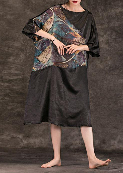Black Print Cotton Quilting Dresses Slash Neck Summer Dresses