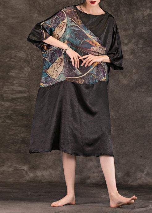 Black Print Cotton Quilting Dresses Slash Neck Summer Dresses