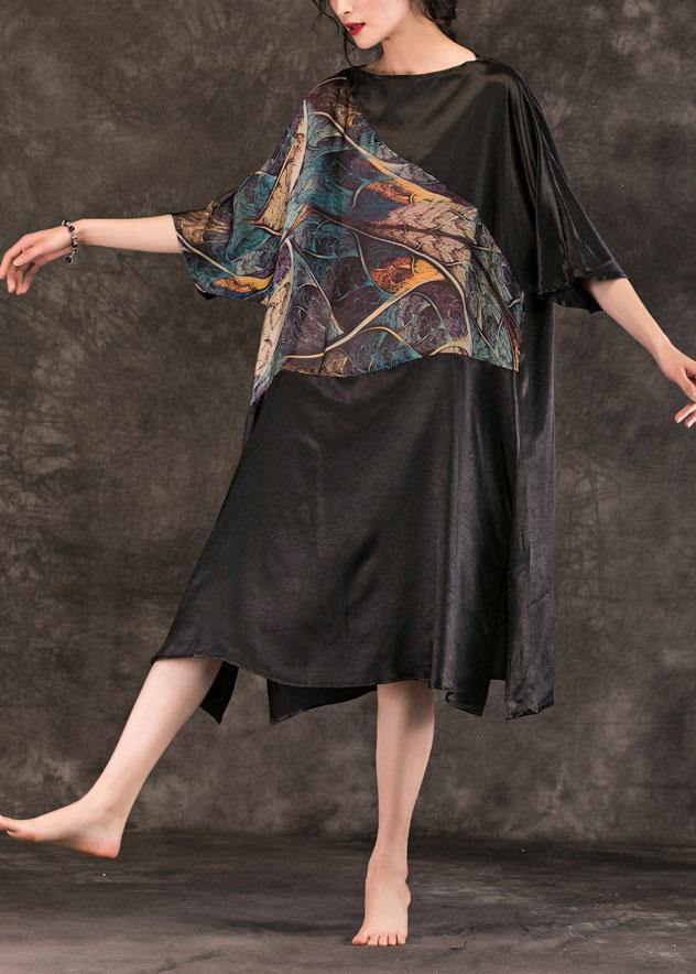 Black Print Cotton Quilting Dresses Slash Neck Summer Dresses