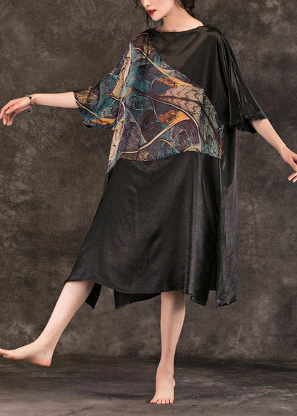 Black Print Cotton Quilting Dresses Slash Neck Summer Dresses