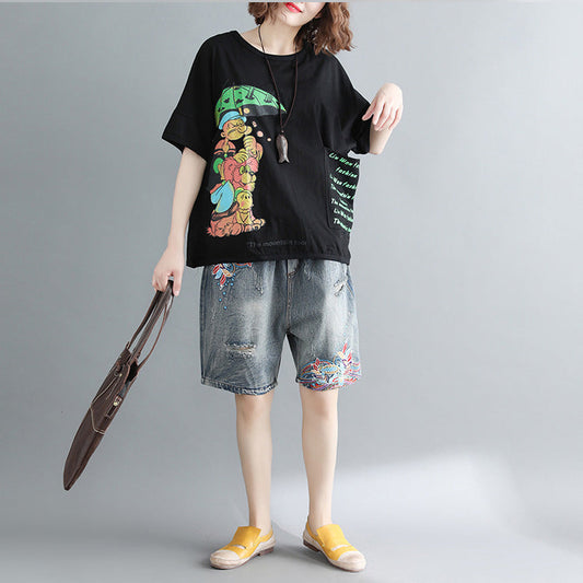 Black Print Cotton Tops Blouses Boutique Tops O Neck Pockets Midi Shirt