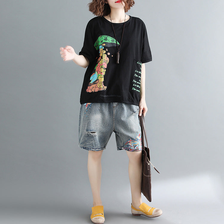 Black Print Cotton Tops Blouses Boutique Tops O Neck Pockets Midi Shirt