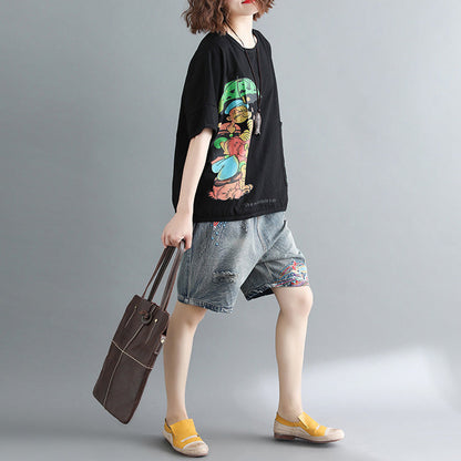 Black Print Cotton Tops Blouses Boutique Tops O Neck Pockets Midi Shirt