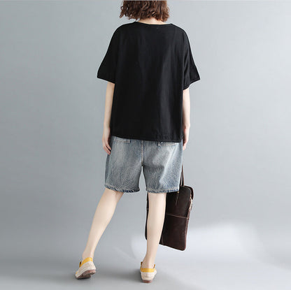 Black Print Cotton Tops Blouses Boutique Tops O Neck Pockets Midi Shirt