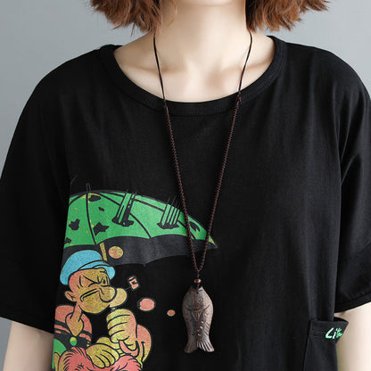 Black Print Cotton Tops Blouses Boutique Tops O Neck Pockets Midi Shirt
