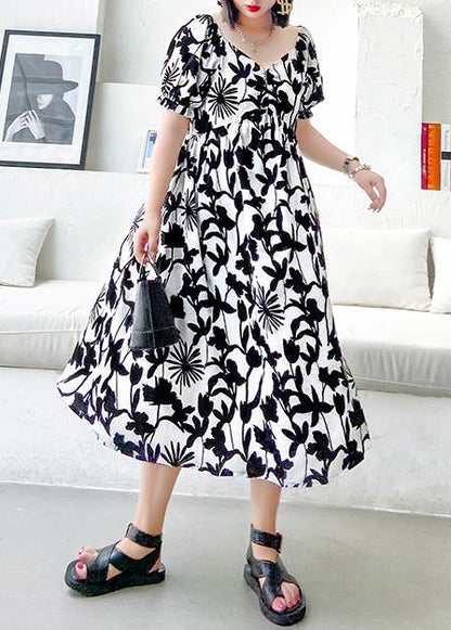 Black Print Dresses V Neck Cinched a Line Dress