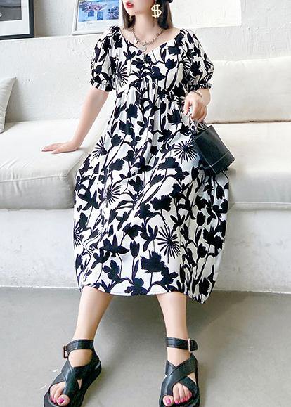 Black Print Dresses V Neck Cinched a Line Dress