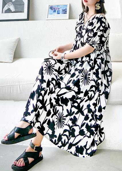 Black Print Dresses V Neck Cinched a Line Dress