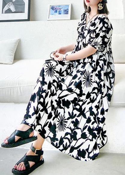 Black Print Dresses V Neck Cinched a Line Dress