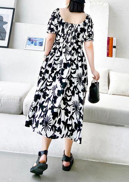 Black Print Dresses V Neck Cinched a Line Dress