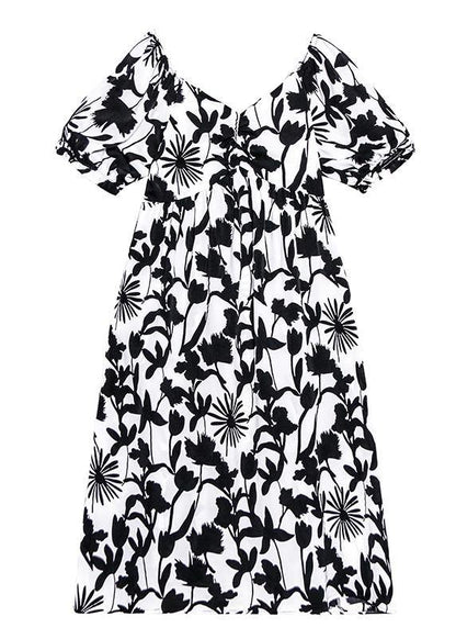 Black Print Dresses V Neck Cinched a Line Dress