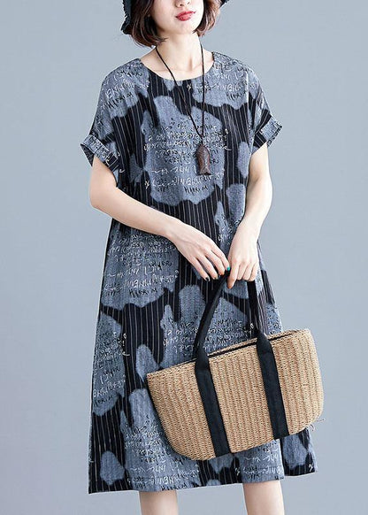 Black Print Linen Cotton Tunics for Striped O Neck Midi Summer Dress