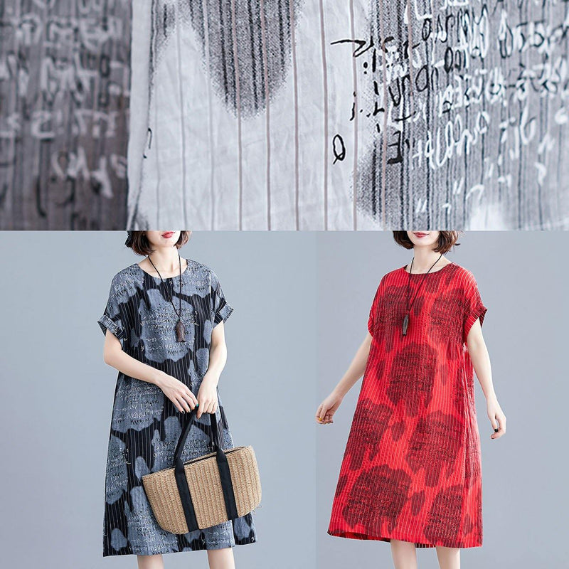 Black Print Linen Cotton Tunics for Striped O Neck Midi Summer Dress