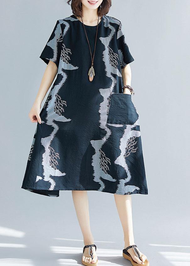 Black Prints Cotton Quilting Clothes Big Pockets Summer Dress