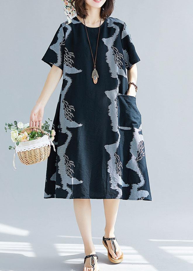 Black Prints Cotton Quilting Clothes Big Pockets Summer Dress