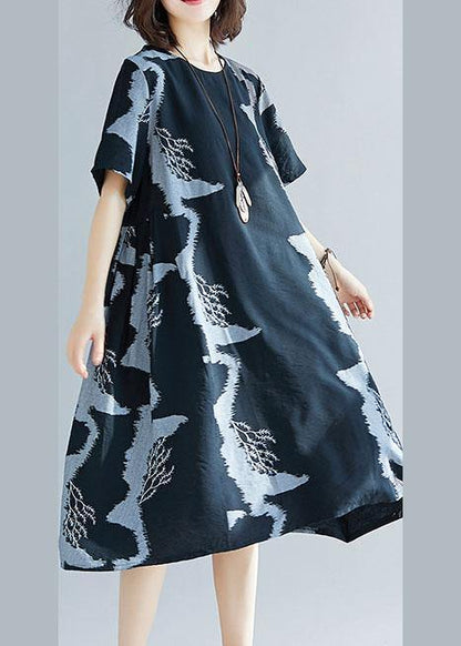 Black Prints Cotton Quilting Clothes Big Pockets Summer Dress