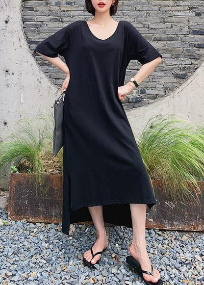Black Quilting Clothes O Neck Low High Design Maxi Dresses