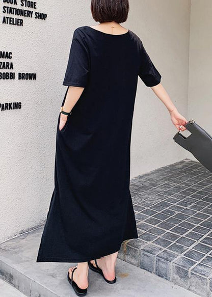 Black Quilting Clothes O Neck Low High Design Maxi Dresses