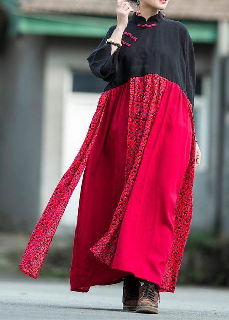 Black Red Patchwork Linen Cotton Clothes Stand Collar Baggy Dresses Summer Dresses