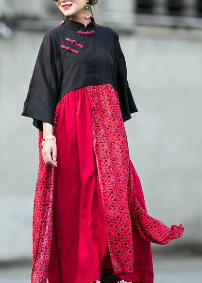 Black Red Patchwork Linen Cotton Clothes Stand Collar Baggy Dresses Summer Dresses