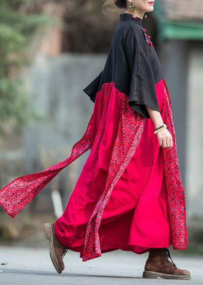 Black Red Patchwork Linen Cotton Clothes Stand Collar Baggy Dresses Summer Dresses