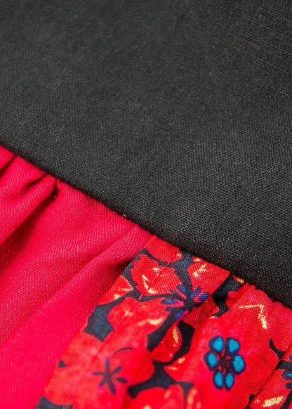 Black Red Patchwork Linen Cotton Clothes Stand Collar Baggy Dresses Summer Dresses