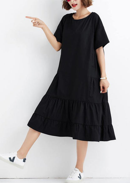Black Ruffles Cotton Wardrobes Short Sleeve Cotton Dresses