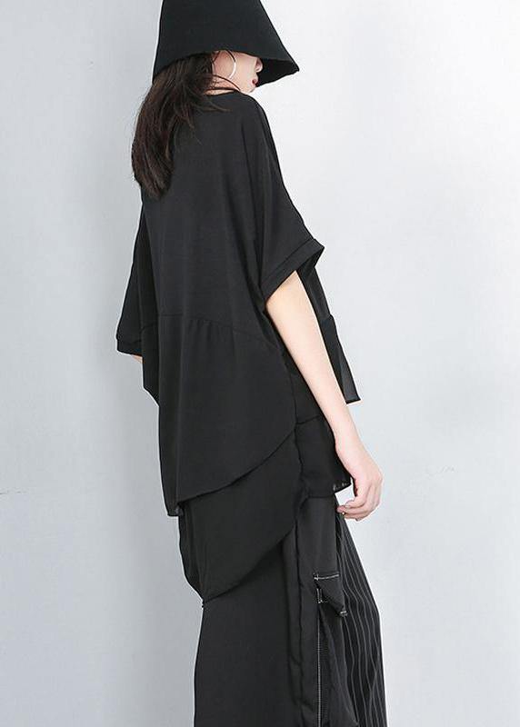 Black Shirts Fine Cotton Chiffon Spliced Irregular Blouse