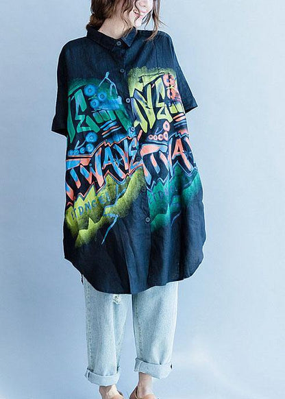Black Side Open Cotton-blend Tops Work Lapel Collar Prints Summer Blouses