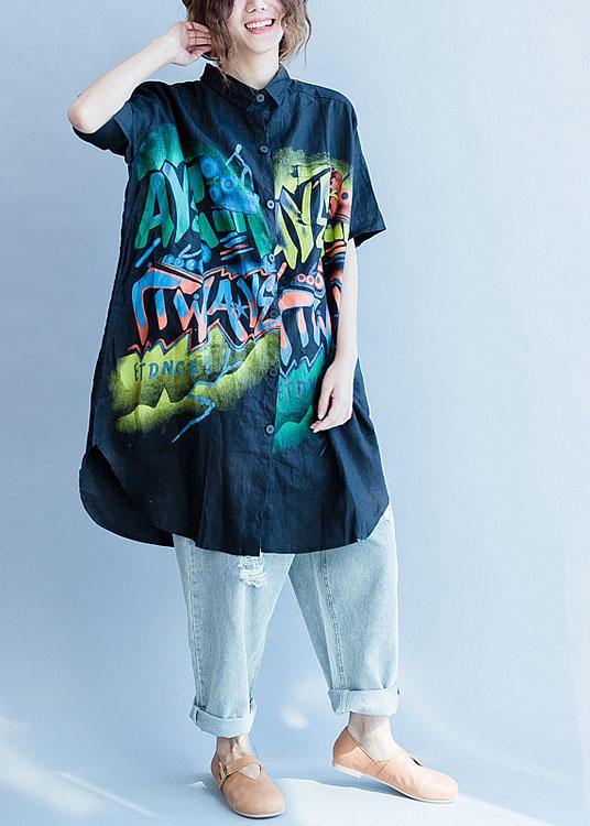Black Side Open Cotton-blend Tops Work Lapel Collar Prints Summer Blouses