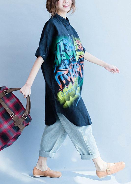 Black Side Open Cotton-blend Tops Work Lapel Collar Prints Summer Blouses