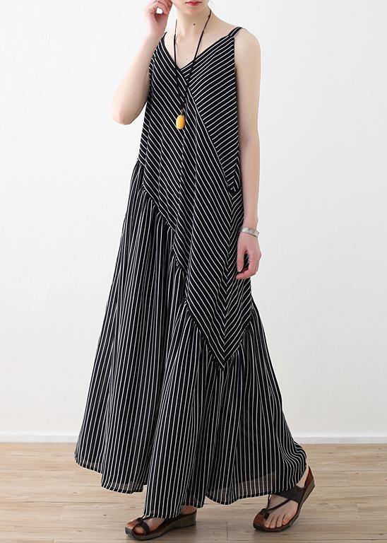 Black Striped Chiffon Clothes Outfits Spaghetti Strap Asymmetric Robe Rsummer Romper