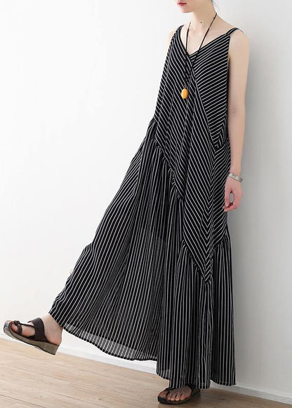 Black Striped Chiffon Clothes Outfits Spaghetti Strap Asymmetric Robe Rsummer Romper
