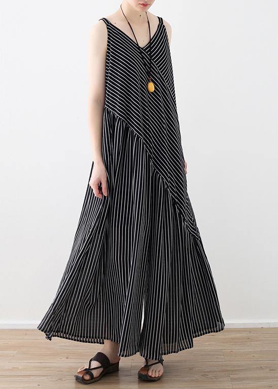 Black Striped Chiffon Clothes Outfits Spaghetti Strap Asymmetric Robe Rsummer Romper