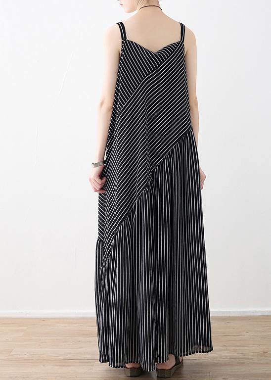 Black Striped Chiffon Clothes Outfits Spaghetti Strap Asymmetric Robe Rsummer Romper