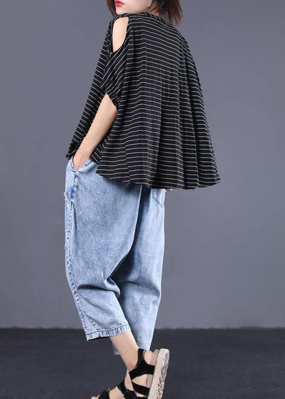 Black Striped Cotton Clothes Off the Shoulder Clothing Summer Top