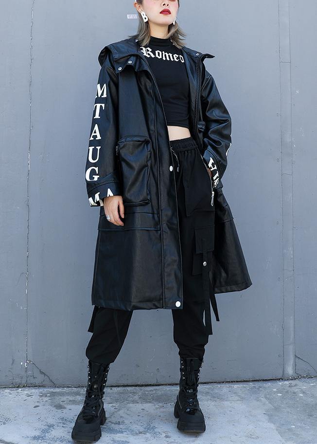 Black Fine Crane Coats Design Hooded Pockets Pu Coats