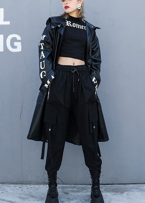 Black Fine Crane Coats Design Hooded Pockets Pu Coats