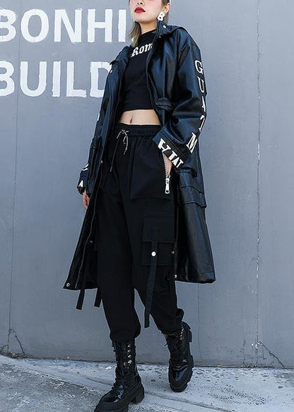 Black Fine Crane Coats Design Hooded Pockets Pu Coats