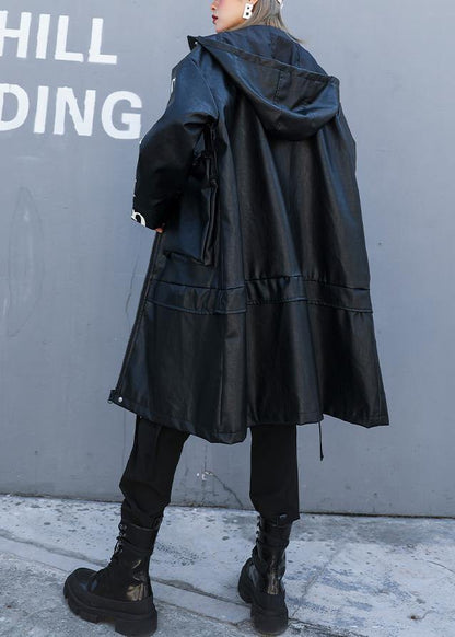 Black Fine Crane Coats Design Hooded Pockets Pu Coats