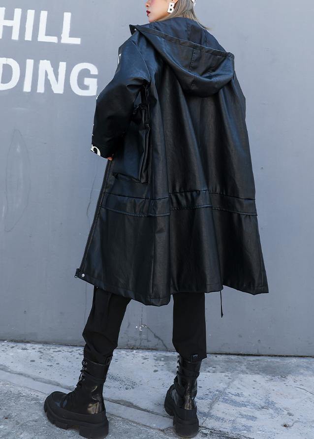 Black Fine Crane Coats Design Hooded Pockets Pu Coats