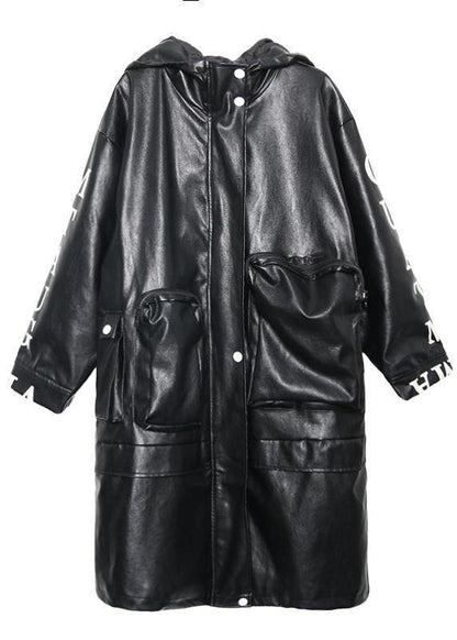 Black Fine Crane Coats Design Hooded Pockets Pu Coats