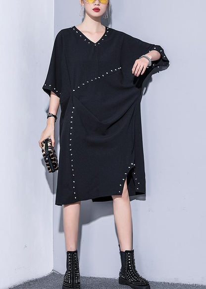 Black V Neck Cotton Quilting Clothes Rivet Summer Dresses