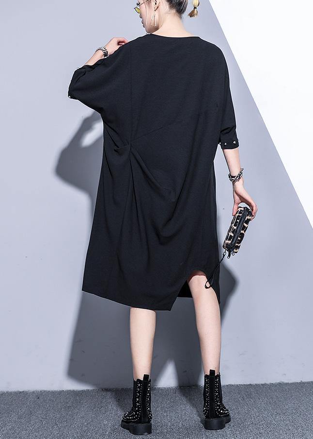 Black V Neck Cotton Quilting Clothes Rivet Summer Dresses