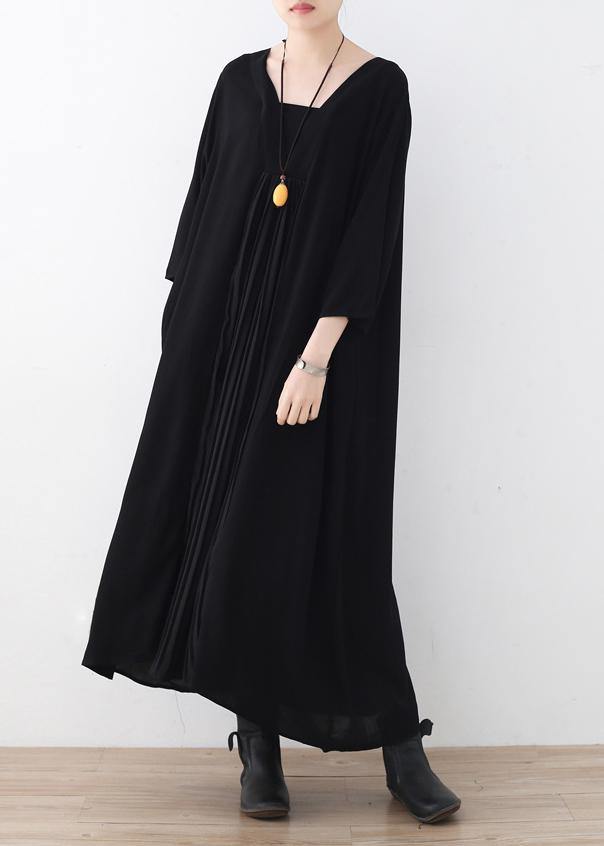 Black V Neck Chiffon Quilting Dresses Cinched Maxi Summer Dress