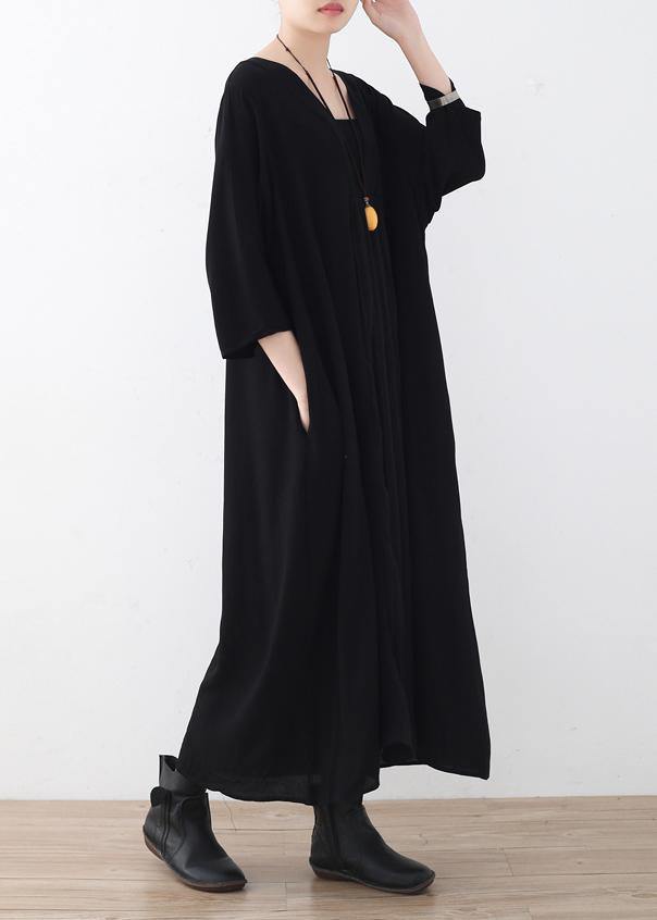 Black V Neck Chiffon Quilting Dresses Cinched Maxi Summer Dress