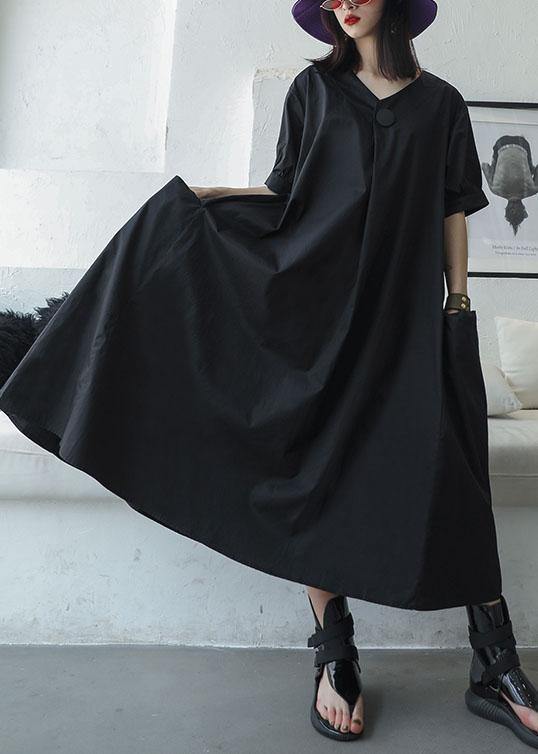 Black V Neck Cotton Tunics Big Pockets Maxi Summer Dresses