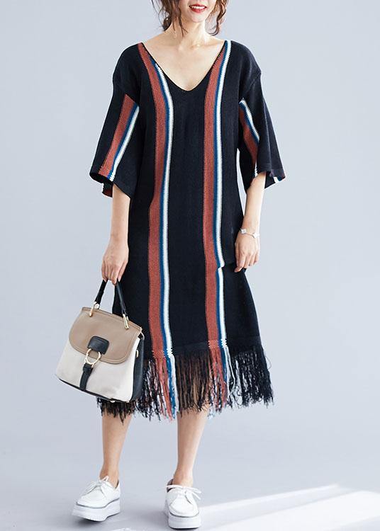 Black V Neck Cotton Tunics for Tassel Traveling Summer Dress