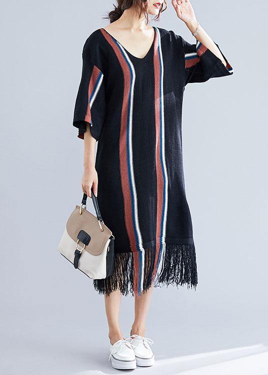 Black V Neck Cotton Tunics for Tassel Traveling Summer Dress