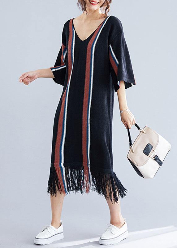 Black V Neck Cotton Tunics for Tassel Traveling Summer Dress